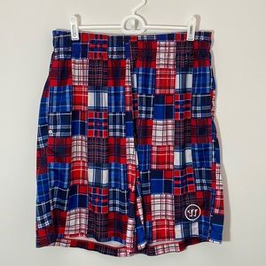 🔹 Mens Warrior L plaid basketball shorts red white and blue string waist